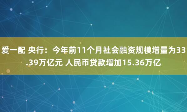 爱一配 央行：今年前11个月社会融资规模增量为33.39万亿元 人民币贷款增加15.36万亿